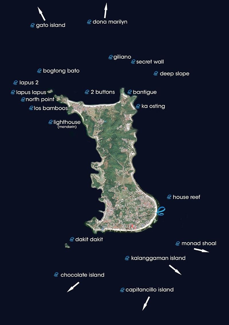Map of dive sites around Malapascua Island