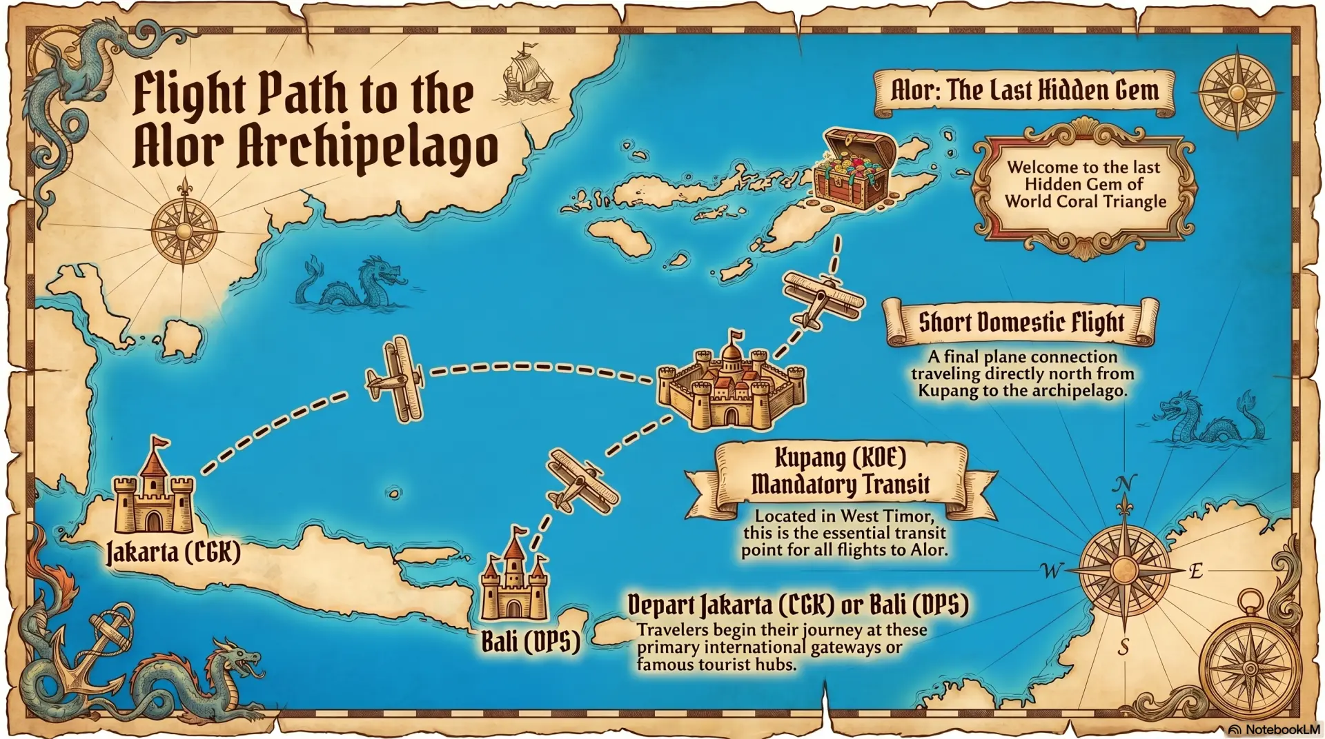 Flight path to the Alor archipelago via Jakarta or Bali, transiting Kupang