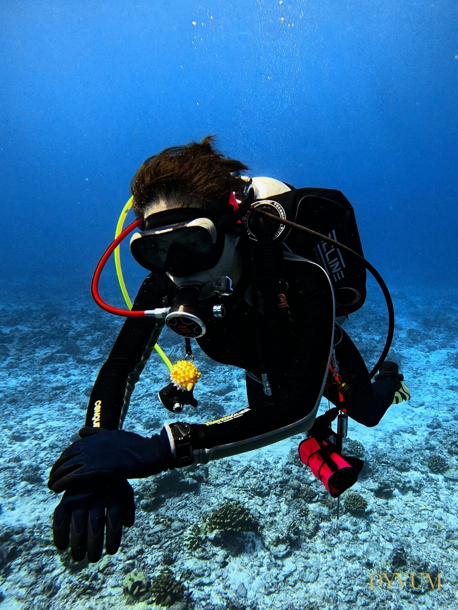 DYVUM Open Water Diver student descending toward the reef with instructor guidance