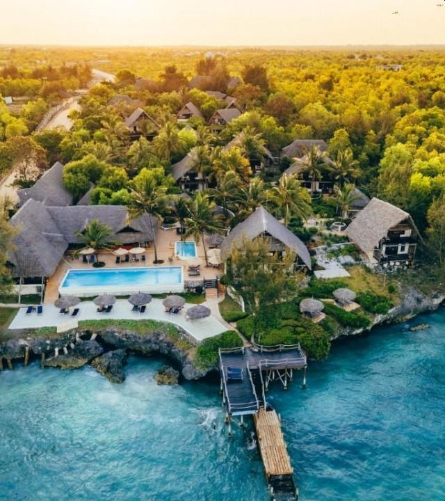 Aerial view of Sunshine Marine Lodge on the Matemwe cliffs, Zanzibar
